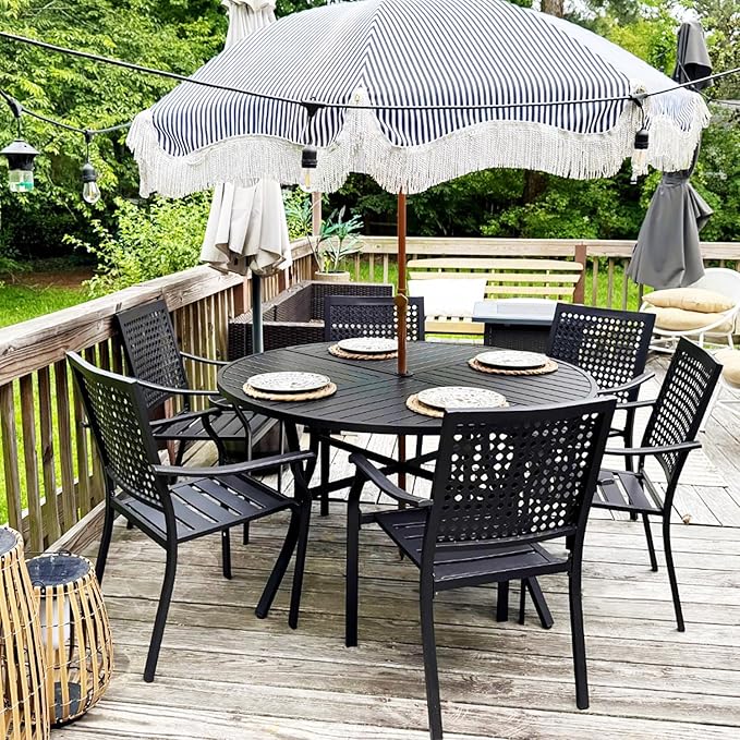 PHI VILLA 7 Pieces Outdoor Round Dining Set for 6, Large Wrought Iron Dining Table with Umbrella Hole & Stackable Metal Chairs, Dining Furniture Set for Patio, Deck, Yard, Porch