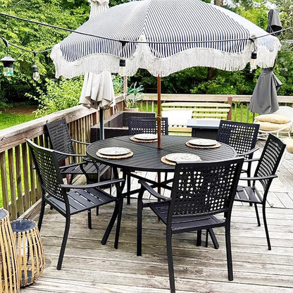 PHI VILLA 7 Pieces Outdoor Round Dining Set for 6, Large Wrought Iron Dining Table with Umbrella Hole & Stackable Metal Chairs, Dining Furniture Set for Patio, Deck, Yard, Porch