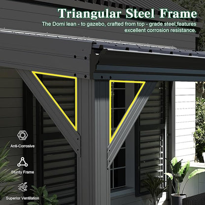 Domi 12’x20’ Lean-to Gazebo, Hardtop Wall-Mounted Gazebo Pergola with Sloping Galvanized Steel Roof and Upgraded Drainage System, Outdoor Permanent Metal Shelters for Patio Backyard Deck, Grey