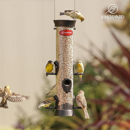 Kingsyard 6 Ports Tube Bird Feeder for Outdoors Hanging, Removable Base and Perch, Easy to Clean & Refill, Premium Hard Plastic, Attracting for Finches Cardinals Bluebirds (Black)