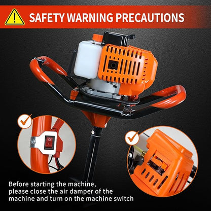 62cc Post Hole Digger 2-Stroke Petrol Gas Powered Earth Digger with 3 Extension Rods（8" 12" & 20"） + 4 Auger Drill Bits (4" 6" 8" & 12") for Farm Garden Plant
