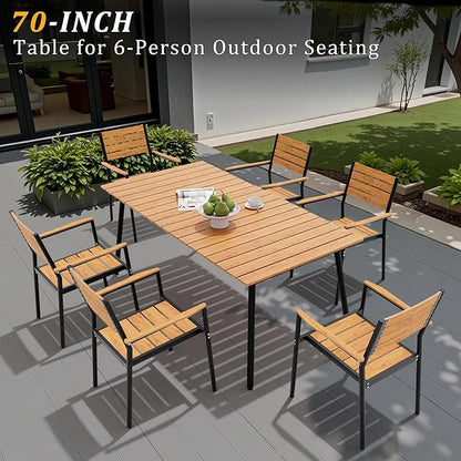 Outdoor Dining Table for 6, 70inch Patio Dining Table with Wooden-Like Top and Aluminum Frame, Rectangular Table with Umbrella Hole Outdoor Furniture, Brown