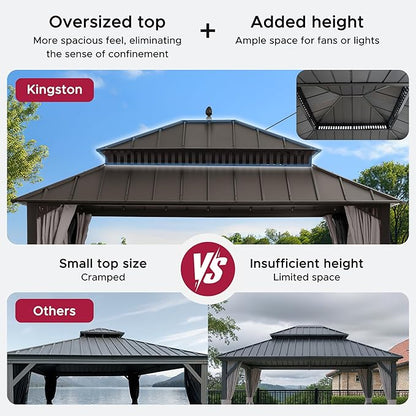 SUNJOY Kingston 14' x 12' Hardtop Gazebo with Galvanized Steel Double Roof, Curtain and Netting, Brown Aluminum Posts Permanent Pavilion Gazebo for Garden, Patio, Deck, Lawn