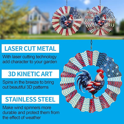 Rooster Metal Wind Spinners for Outdoor,Birthday Gifts for Women Mom Grandma, 12 Inch Garden Decor American Flag Wind Spinner Bird Devices Deterrent to Scare Birds Away from Yard Patio Farm(Chicken)