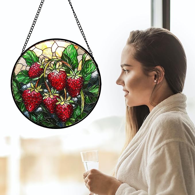 Stained Glass Suncatcher, Red Strawberry Green Leaf Sun Catcher Silver Background Stain Glass Window Hanging Decoration Mother's Day Birthday Gifts for Women Men Mom Nana 7.8 in
