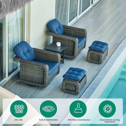 Patio Glider Swivel Rocker Sets: 2piece Patio Furniture Sets, 360° Swivel Rocking Chairs with Ottoman, Rust-Resistant Cushion -Perfect for Backyard/Deck/Porch/Balcony Decors- Gray Wicker,Blue Cushion