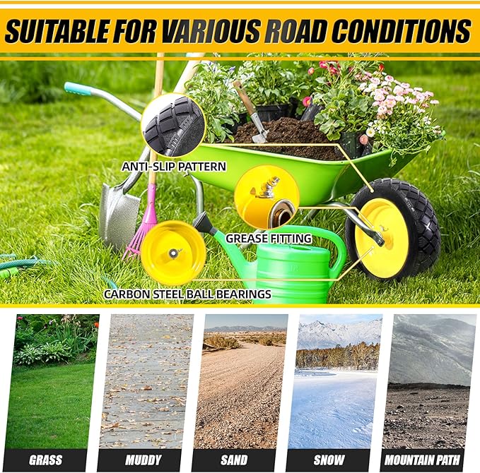 MZREXN 4.80/4.00-8" Flat Free Tire and Wheel, 15" Solid Wheelbarrow Tires, 3.00-4.00/4.80-8" with 5/8" & 3/4" Bearings, 3" Centered Hub for Hand Truck Garden Trailers Utility Cart Yard Wagon Yellow