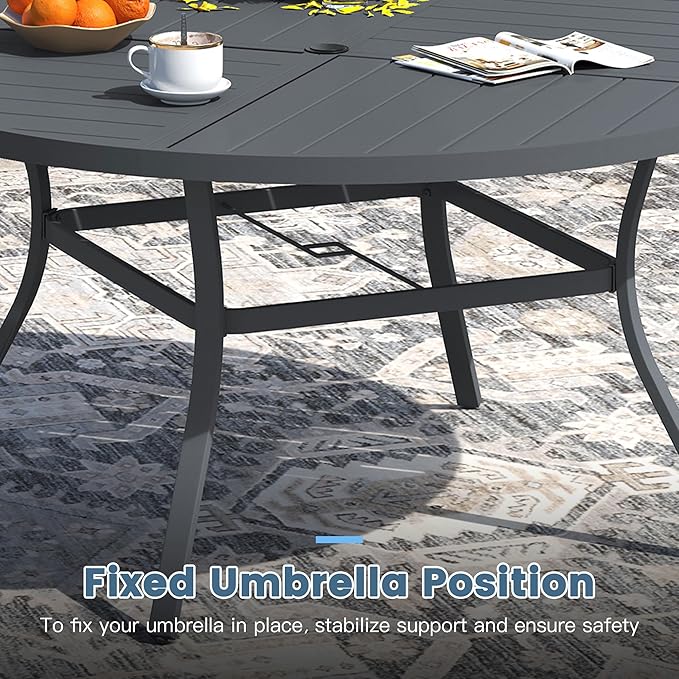 DIFY 53.1" Round Outdoor Patio Dining Table for 6-8, All-Weather Metal Steel Slatted Patio Table with 1.57" Adjustable Umbrella Hole, for Lawn Garden Porch Backyard, Grey