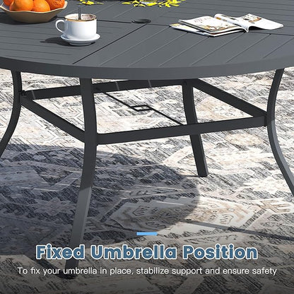 DIFY 59.8" Round Outdoor Patio Dining Table for 8-10, All-Weather Metal Steel Slatted Patio Table with 1.57" Adjustable Umbrella Hole, for Lawn Garden Porch Backyard, Grey