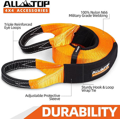 ALL-TOP Recovery Snatch Strap, 4in x 30ft - 46500Lbs, Extreme Duty 100% Nylon Kinetic Towing Recovery Strap with 22% Elongation & Reinforced Loops