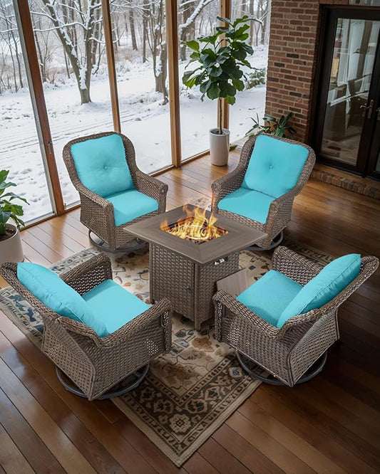 Outdoor Patio Swivel Gliders with Fire Pit Table 5 Piece Set - High Back Brown Wicker Rattan Rocking Chair with Thick Cushion for Porch Apartment Deck Yard Poolside Garden - Turqoise