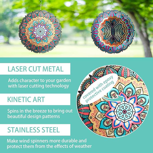 Wind Spinner Yard Art Garden Decor Mandala 3D Stainless Steel Metal Sculptures Kinetic Hanging Whirligigs Decorations Backyard Outside Indoor Outdoor Patio Ornaments Clearance Sun Catcher Windmill