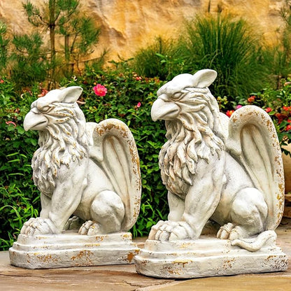 Zaer Ltd. Set of 2 Garden Griffin Statues, Magnesium-Cement Sculptures, 28.3" H Outdoor Entrance Decor (Distressed Gray)