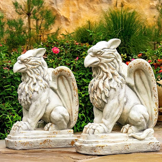 Zaer Ltd. Set of 2 Garden Griffin Statues, Magnesium-Cement Sculptures, 28.3" H Outdoor Entrance Decor (Distressed Gray)