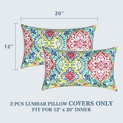 LVTXIII Outdoor Lumbar Pillow Covers 12"x20", Covers ONLY, 2 Pack 30x50cm Lumbar Cushion Cover with White Piping for Home Patio Garden Sofa Bench, Damask Red