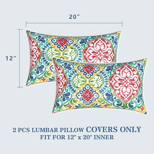 LVTXIII Outdoor Lumbar Pillow Covers 12"x20", Covers ONLY, 2 Pack 30x50cm Lumbar Cushion Cover with White Piping for Home Patio Garden Sofa Bench, Damask Red