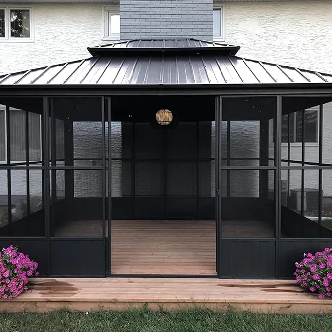PURPLE LEAF 12' X 14' Sunroom Hardtop Gazebo Solarium with Light Galvanized Steel Double Roof All-Weather Aluminum Outdoor Screen House for Patio Deck Backyard Grey