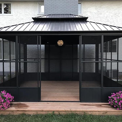 PURPLE LEAF 12' X 16' Solarium Sunroom with Light Permanent Hardtop Gazebo Galvanized Steel Double Roof Aluminum Outdoor Screen House for Lawn Deck Backyard Grey