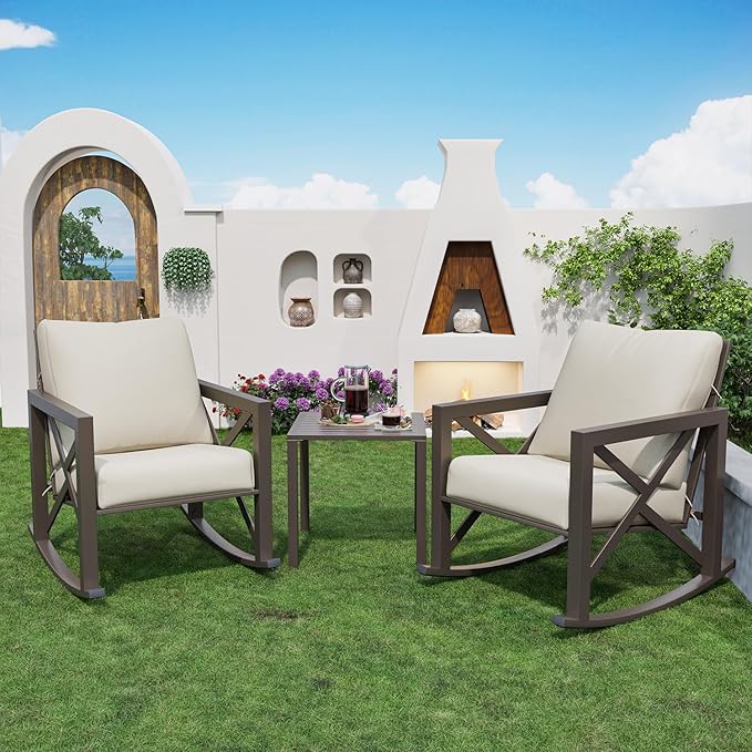 Outdoor Rocking Bistro Set, Patio Rocking Chairs Set of 2 with Coffee Table, 3 Pieces Metal Conversation Sets with 6.5" Thick Cushions for Backyard, Porch, Poolside, Oversized (Beige)
