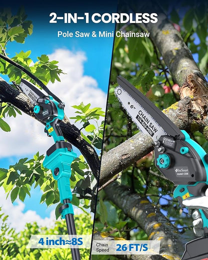 Cordless Pole Saw&6 inch Mini Chainsaw 2-IN-1,2PCS 4000mAh Rechargeable Batteries for Electric Tree Trimmer,Pole Saws with Extension Pole for Tree Trimming Wood Cutting,Ideal Gifts for Men Dad