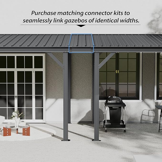 Domi 10'x12' Wall Mounted Hardtop Gazebo, Connectable Lean to Pergola with Gutters & Galvanized Steel Roof, 60MPH Wind Resistance, Outdoor Heavy Duty Metal Awning for Patio, Deck, Backyard - Grey