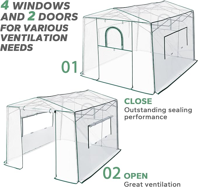 8.7'x 6.6'x 7' Small Walk-in Greenhouse for Outside & Indoor with 2 Roll-up Zipper Doors, 4 Ventilated Mesh Windows, Patio Plant Gardening Greenhouse for Backyard