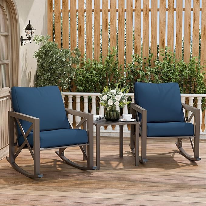Outdoor Rocking Bistro Set, Patio Rocking Chairs Set of 2 with Coffee Table, 3 Pieces Metal Conversation Sets with 6.5" Thick Cushions for Backyard, Porch, Poolside, Oversized (Blue)