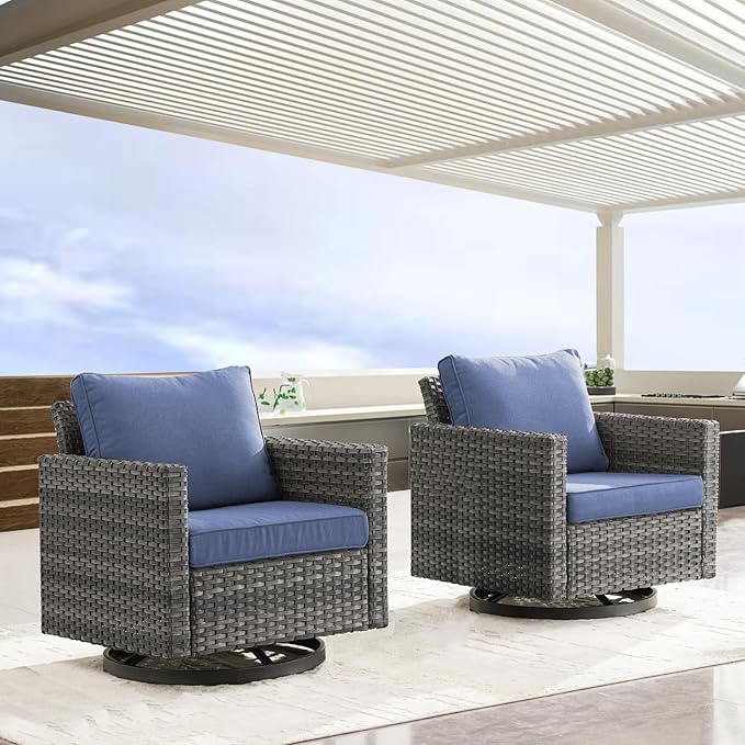Luxury Outdoor Swivel Rocker Patio Chairs Set of 2, Swivel Patio Chairs for Porch, Yard, Deck, Poolside, Grey/Blue