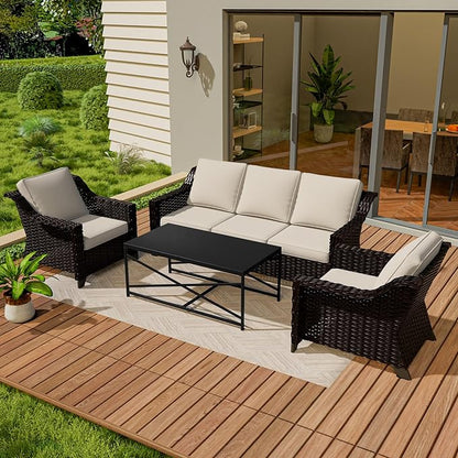 Vista Vibe 4 Pieces Outdoor Patio Conversation Furniture Set - 78" 3-seat Sofa | 2 Chairs | Metal Coffee Table, Deep Seat Loveseat, Removable Cushions, PE Rattan Couch, Lawn (Brown/Beige)