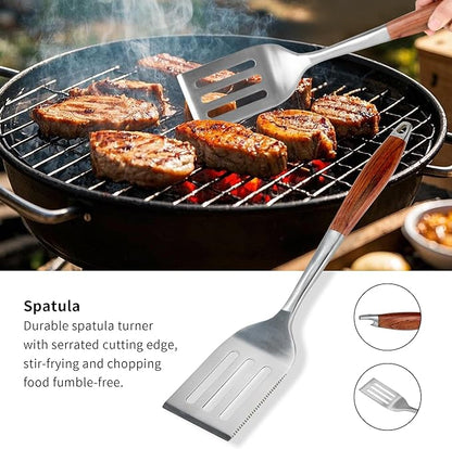 FJNATINH Heavy-Duty Grilling Accessories Rose Wooden BBQ Grilling Tools Set,Outdoor Grill Set with Spatula, Fork, Brush & Tongs,Essential Accessories for Barbecue & Grill. Ideal Gift for Men