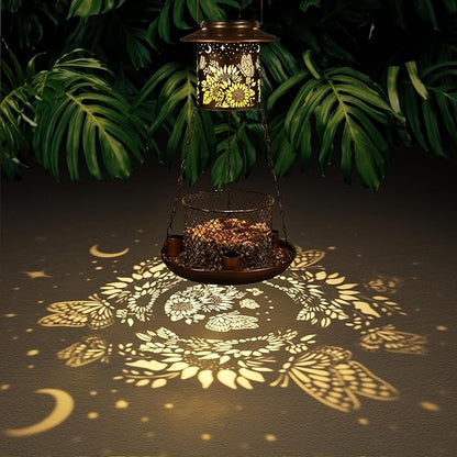 Butterfly Solar Bird Feeder for Outdoor Hanging Gifts for Women Mom Sunflower Metal Wild Birdfeeder Garden Lantern Decor Lanterns Outside for Yard Patio Lawn Pathway Landscape
