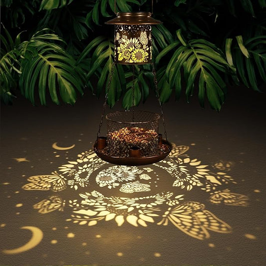 Butterfly Solar Bird Feeder for Outdoor Hanging Gifts for Women Mom Sunflower Metal Wild Birdfeeder Garden Lantern Decor Lanterns Outside for Yard Patio Lawn Pathway Landscape