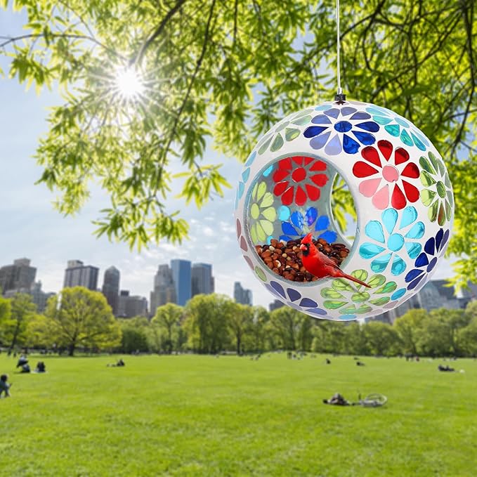 Bird Feeder - Mosaic Fly Through Bird Feeders for Outside Hanging with Round Shape Glass Container Birdfeeder for Garden Decor, 6.5 Inch Colorful Flower Design