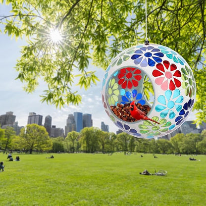 Bird Feeder - Mosaic Fly Through Bird Feeders for Outside Hanging with Round Shape Glass Container Birdfeeder for Garden Decor, 6.5 Inch Colorful Flower Design