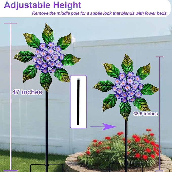 Glow-in-Dark Metal Wind Spinner for Yard and Garden, Outdoor Luminous Wind Spinners Yard Art Garden Decor (13.4" W x 47" H) Purple