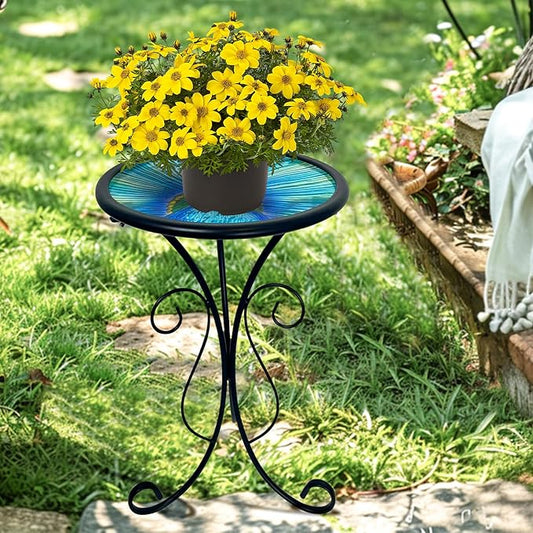 HONGLAND Outdoor Side Table, 12" Round Small Outdoor Glass End Table, Glass Plant Stand, Small Bistro Coffee Table for Garden Patio Porch Living Room （Peacock）