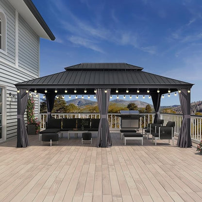 PURPLE LEAF 14' X 20' Outdoor Gazebo with Galvanized Steel Metal Roof Permanent Hardtop Gazebo with Light for Patio Lawn and Garden Large Pavilion Grey