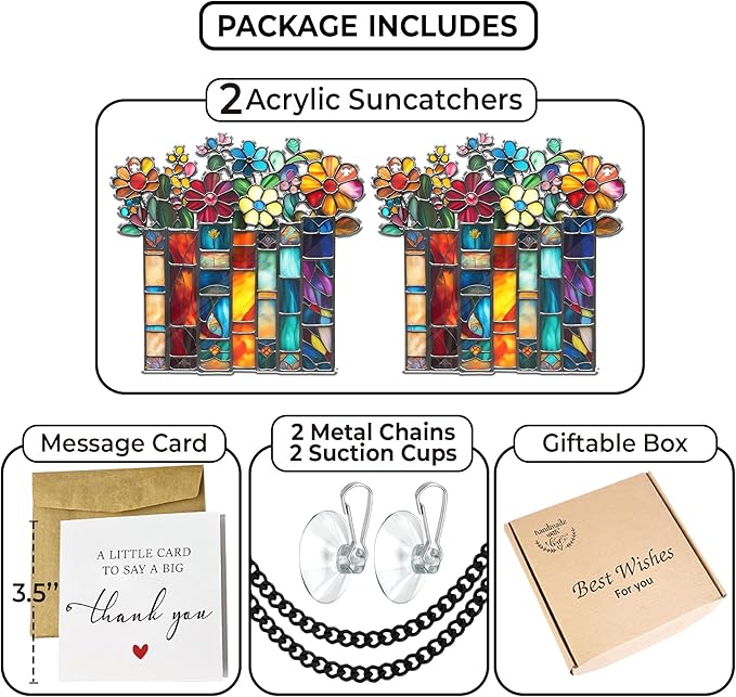 2 Bookaholic Suncatchers, Mountain and Flower Book Acrylic Ornaments Window Hanging, Bookish Librarian Gifts for Fantasy Book Lover Reader Women Accessories Library Bookshelf Decor SC-62-1