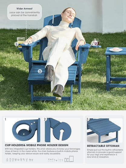 KINGYES Folding Adjustable Adirondack Chair with Ottoman & 2 Cup Holders Set of 6, HDEP Reclining Adirondack Chair with Footrest, Brown