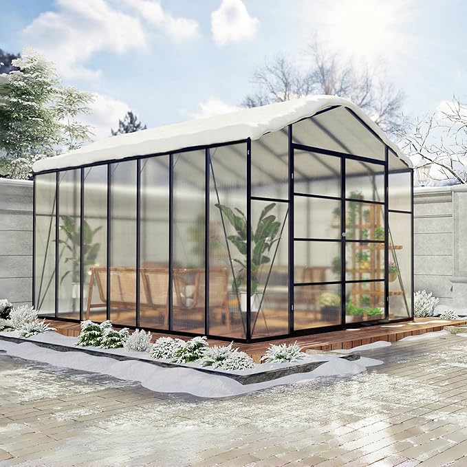 92in High 10*14FT Greenhouse for Outdoors,Polycarbonate Greenhouse with Stronger Wind Protection and Roof Vent,Walk-in Large Aluminum Sunroom Winter Proof,Black