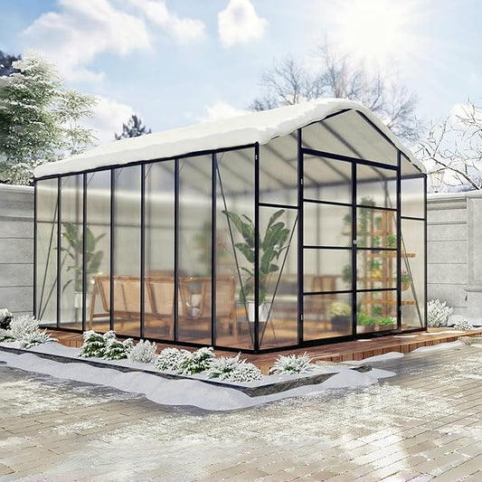 92in High 10*14FT Greenhouse for Outdoors,Polycarbonate Greenhouse with Stronger Wind Protection and Roof Vent,Walk-in Large Aluminum Sunroom Winter Proof,Black