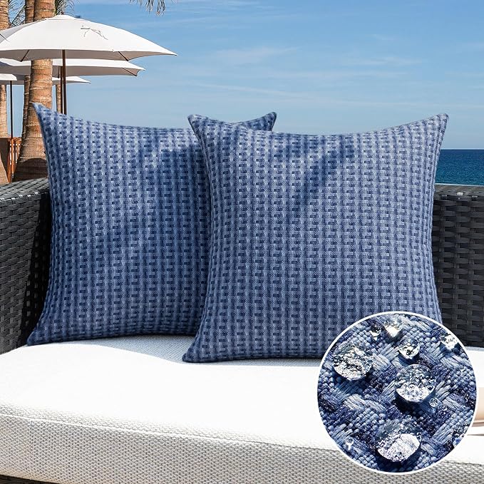 Kevin Textile Outdoor Waterproof Throw Pillow Covers Pack of 2 Weaving Texture Water Resistant Outside Decorative Cushion Covers for Garden Patio Tent Balcony Bench Couch Sofa 16x16 Inch, Navy Blue