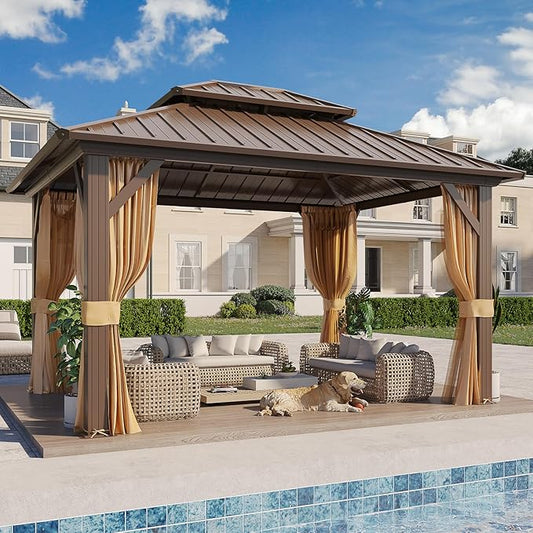 YOLENY 10' x 12' Gazebo Hardtop with Aluminum Frame,Galvanized Steel Double Roof Gazebos with Curtain and Netting,Outdoor Metal Pergolas for Garden, Lawn, Deck, Brown
