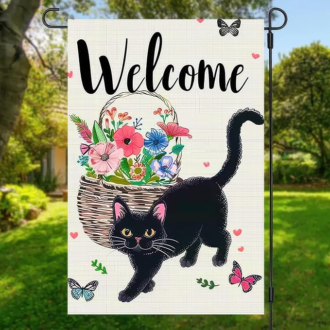Welcome Cat Garden Flag 12x18 Inch Cute Black Cat Colorful Floral Butterfly Basket Double-Sided Yard Decoration for Outdoor Garden Patio Yard Spring Summer Décor