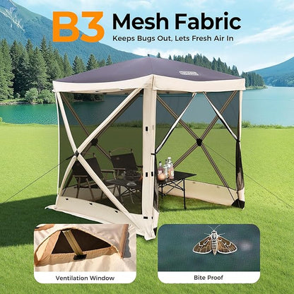 Tecoom 4 Side Pop Up Gazebo Tent, 6x6ft Waterproof Instant Screen with Mosquito Netting, Removable Wind Cloths, Portable Outdoor Canopy for Sun Shelter for Camping, Garden and Picnics