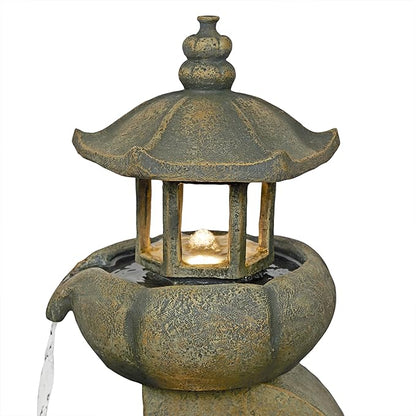 Alpine Corporation WIN1688 32" 2-Layer Pagoda Polystone Fountain with LED Lights, Cascading Waterfall, Outdoor Garden and Patio Water Feature, Zen Décor, Relaxing Sound, Brown