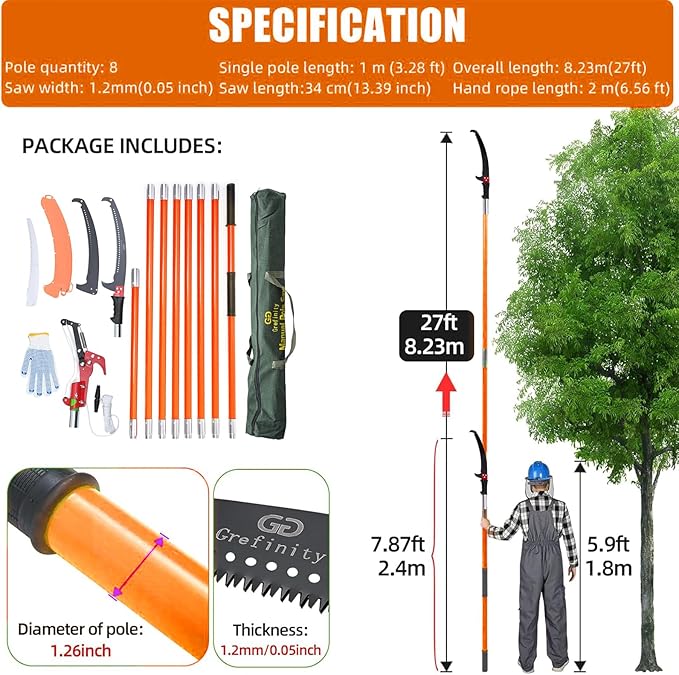 27FT Manual Pole Saw, Tree Branch Trimmer with 8-Section Fiberglass Handle, Sharp Steel Blade and Scissors, Lightweight Extendable Design for High Branch Trimming,Orange