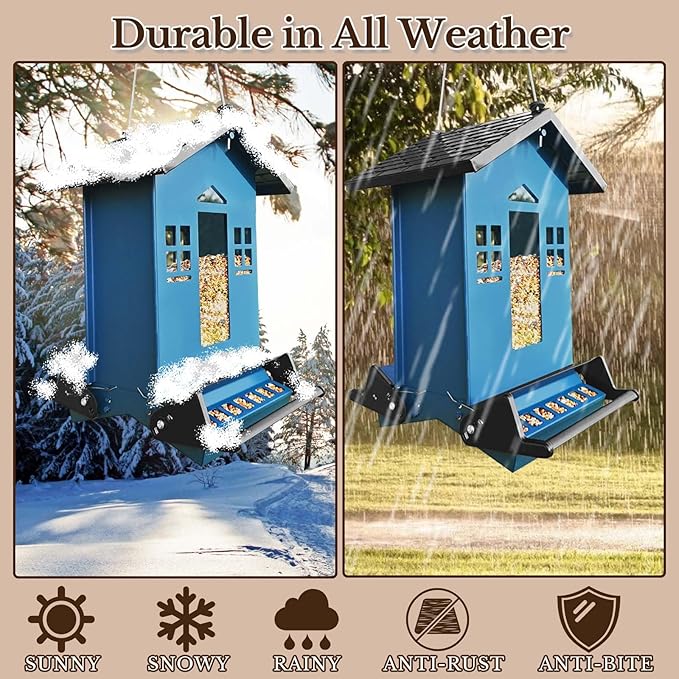 Squirrel Proof Bird Feeder, Bird Feeders Hanging for Outdoors 6 Lbs Seed, Wild Metal Birdfeeder for Small Birds, Cardinal, Outside, Garden (Blue)