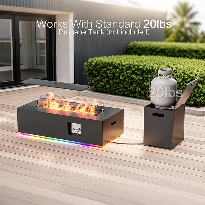 42" Outdoor Fire Pit Table, 50,000 BTU Gas Fire Pit with Glass Wind Guard, Fire Stones, Waterproof Cover, Propane Fire Pit Table for Outside Patio (RGB Light, Black)