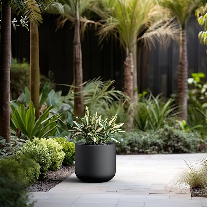 Kante 13.8-Inch Dia Round Concrete Planter, Indoor & Outdoor Garden Pot with Drainage Hole & Rubber Plug, Ideal for Flower and Tree, Black